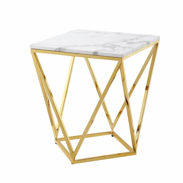 Gold white stone end table with symmetrical design and outdoor furniture style