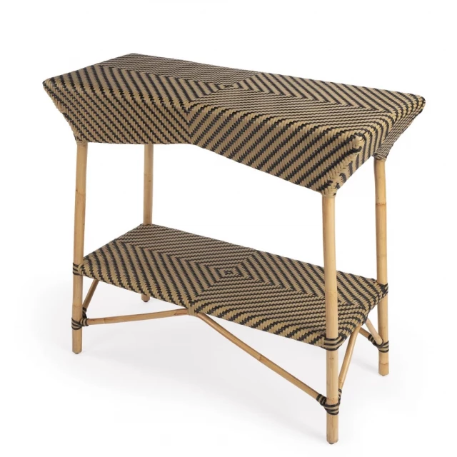 Brown beige rattan bar cart with wood rectangle table and outdoor furniture setting
