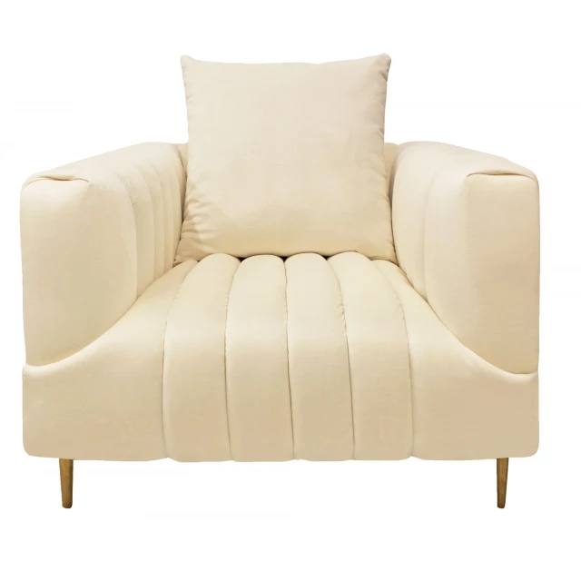 Ivory velvet gold solid lounge chair with beige wood accents in a comfortable studio couch design