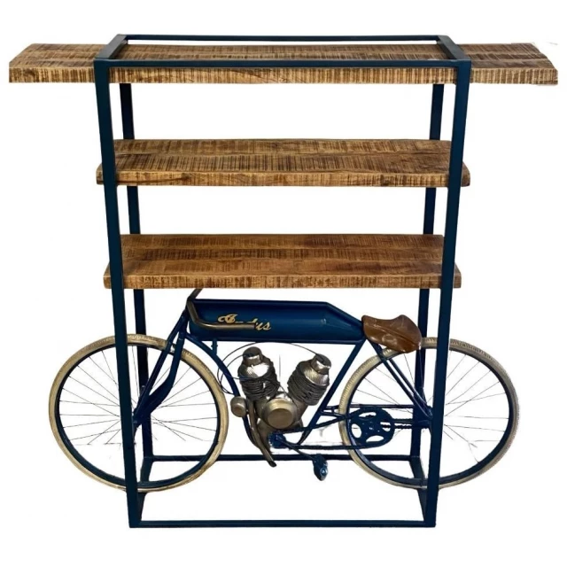 wood cycle book shelf bar counter with bicycle wheel and tire