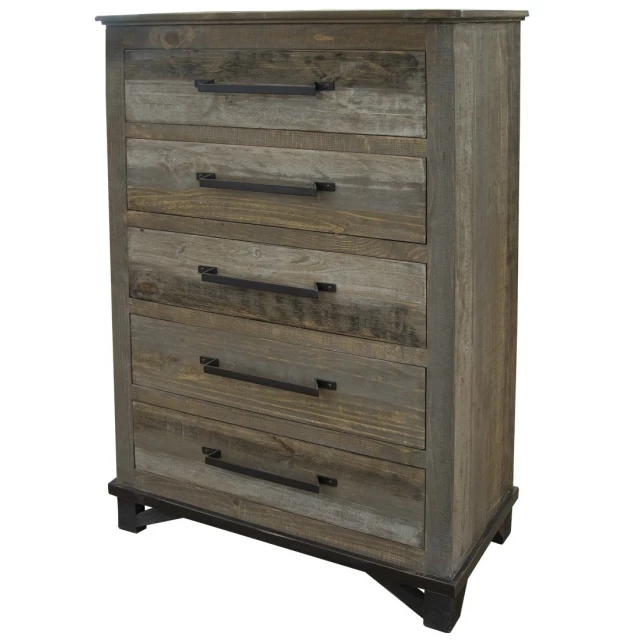 Gray solid wood five drawer chest for bedroom storage