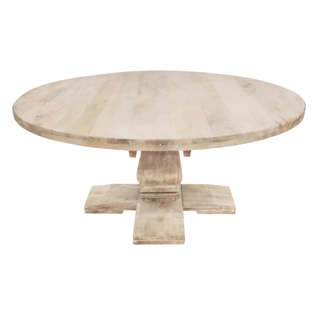 Brown rounded solid wood dining table with pedestal base