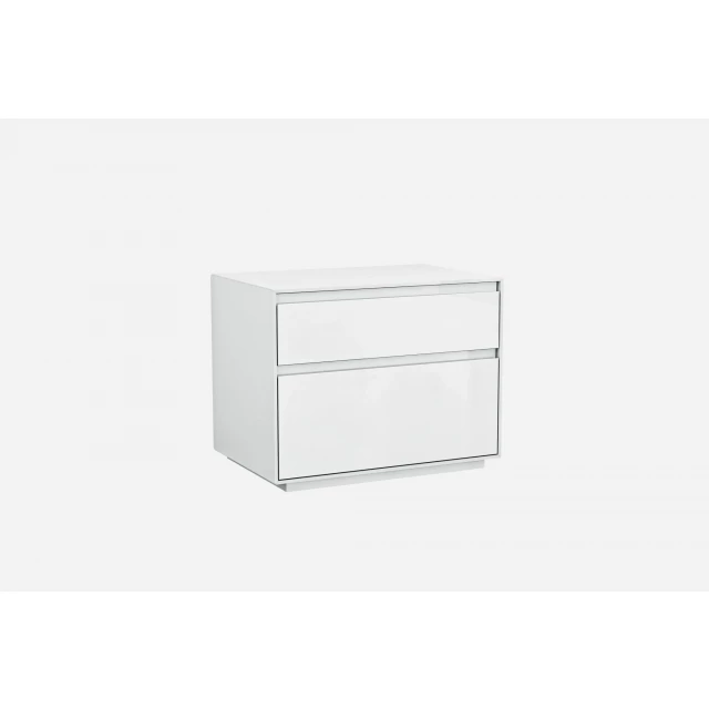Simplistic white gloss drawer nightstand with transparent glass and metal accents