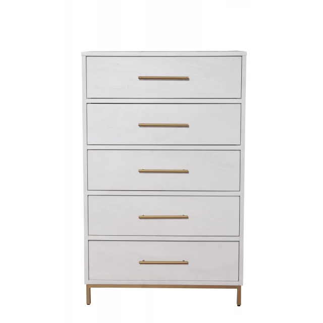 White solid wood five drawer chest in a clean design