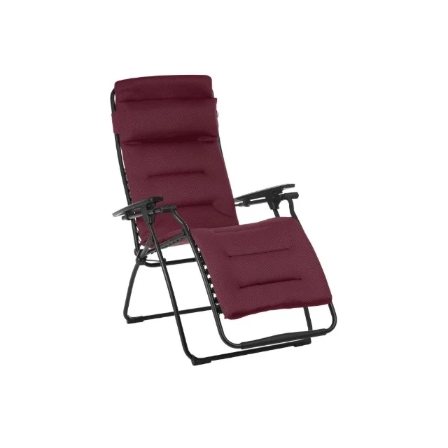 Zero gravity chair with dark red cushion for relaxation and comfort