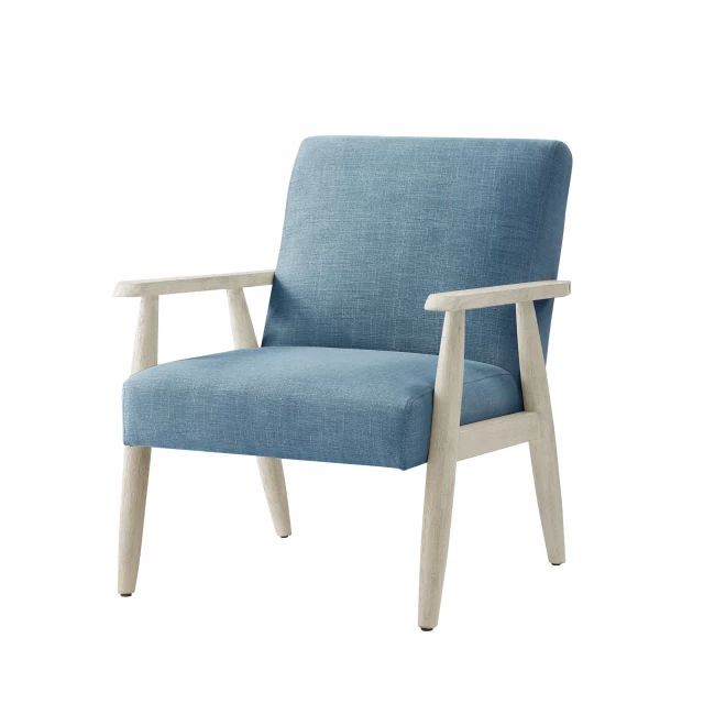 Light blue cream linen armchair with wood armrests and comfortable rectangle design
