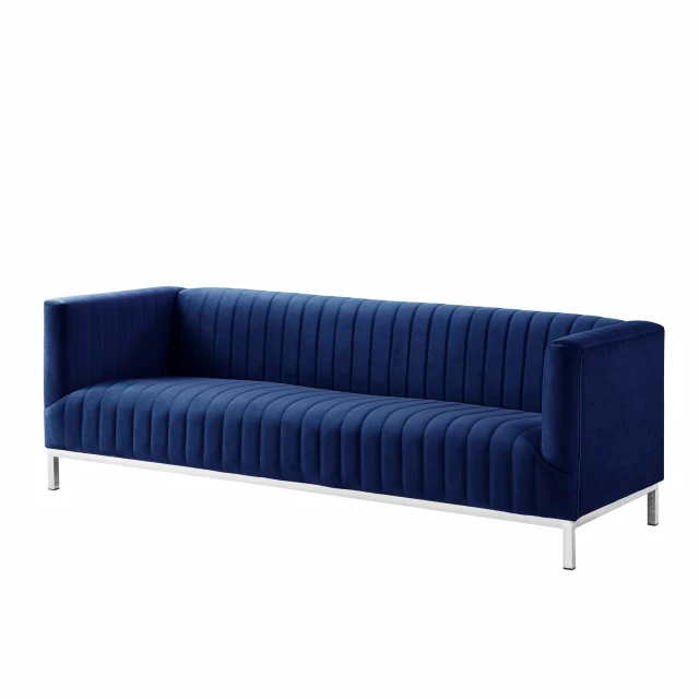 Navy blue velvet silver sofa with plush comfort and modern rectangle design