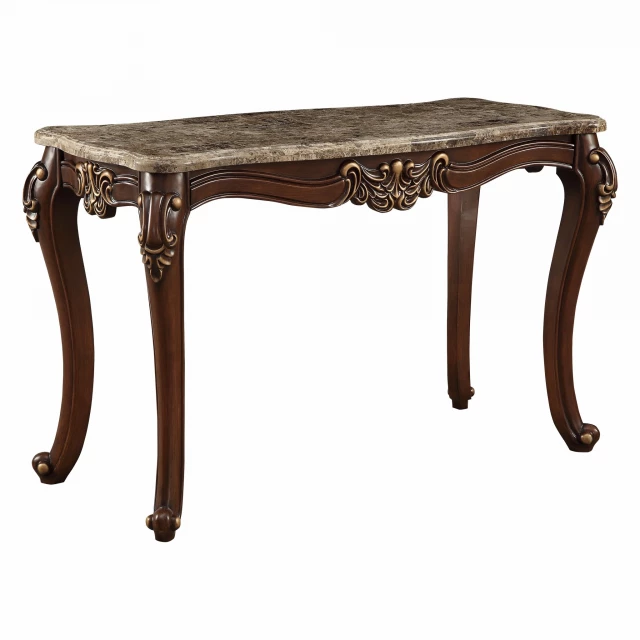 Walnut wood marble sofa table with rectangle shape and wood stain finish