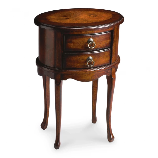 Manufactured wood oval end table with drawers in a varnished finish