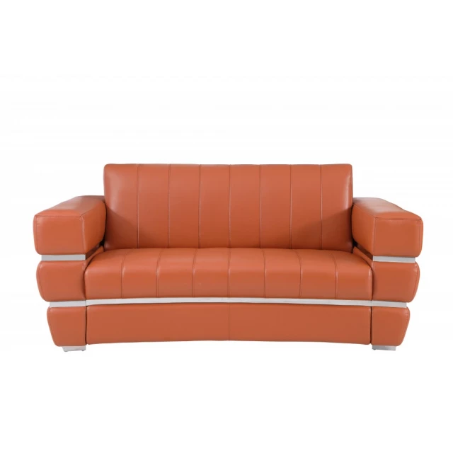 Camel silver Italian leather loveseat with comfortable brown cushions and modern design