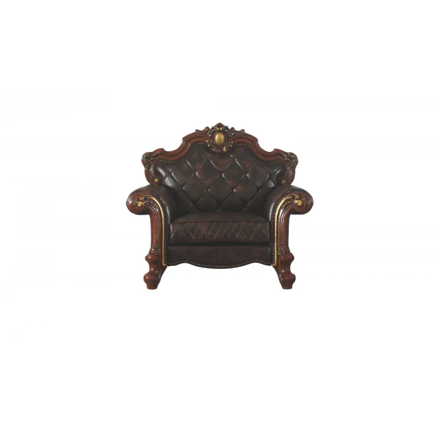 Chocolate faux leather tufted arm chair with wood accents and metal details