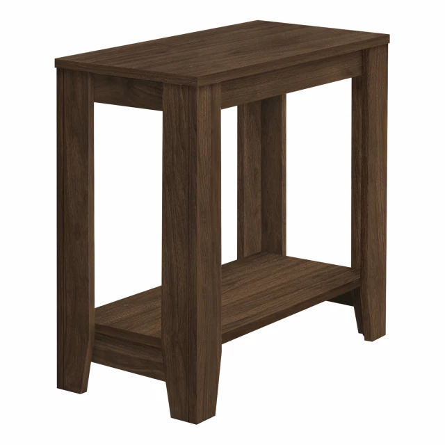 Walnut end table shelf with rectangular wood top and pedestal base in outdoor setting