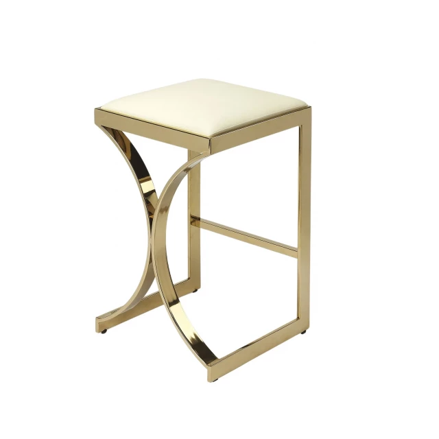 Iron backless counter height bar chair with wood and plywood details in an outdoor setting