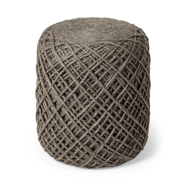 Brown wool cylindrical pouf with diamond pattern for home decor