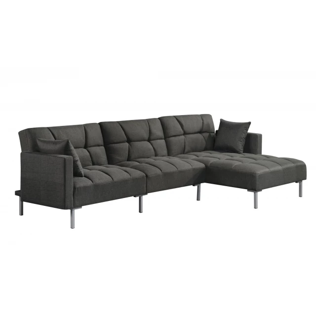Gray polyester L-shaped sofa chaise with comfortable cushions and wooden accents