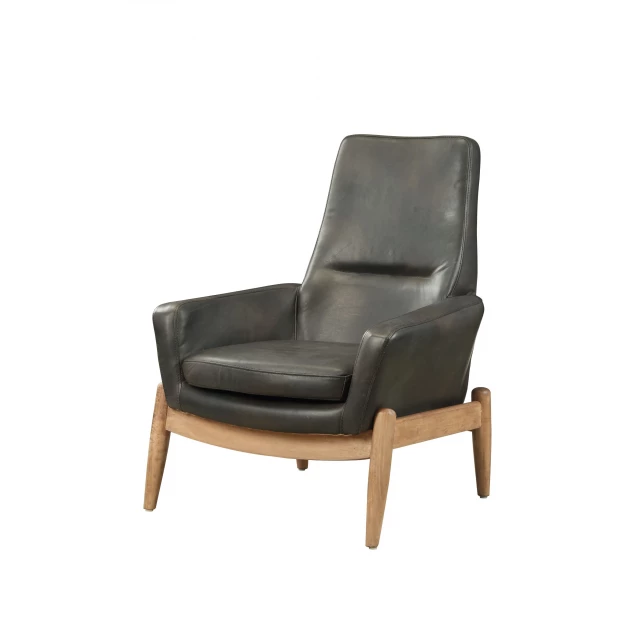 Black grain leather accent chair with wood armrests and hardwood details