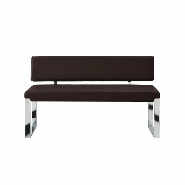 Brown silver upholstered faux leather bench with wood accents and modern design