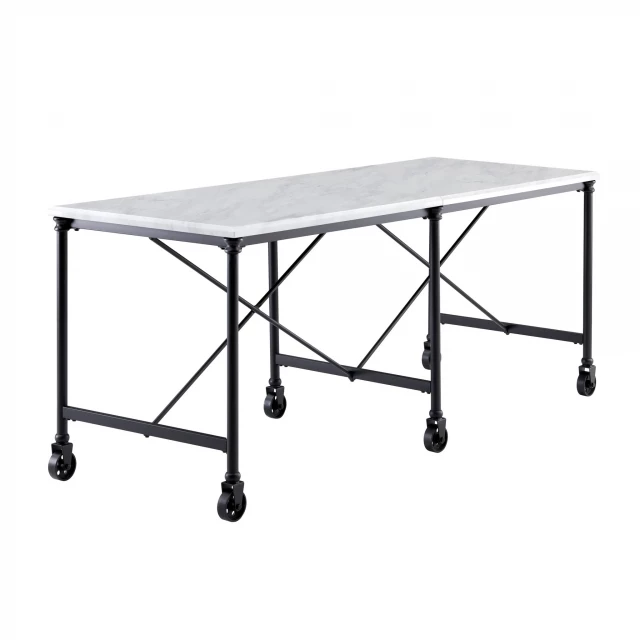 Black white rolling kitchen island with tableware on metal outdoor table