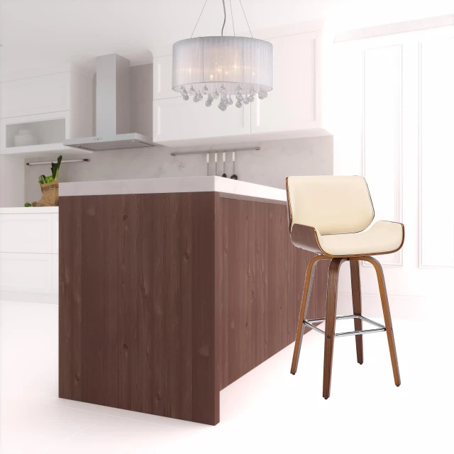 Wood swivel bar height chair with intricate design and interior lighting