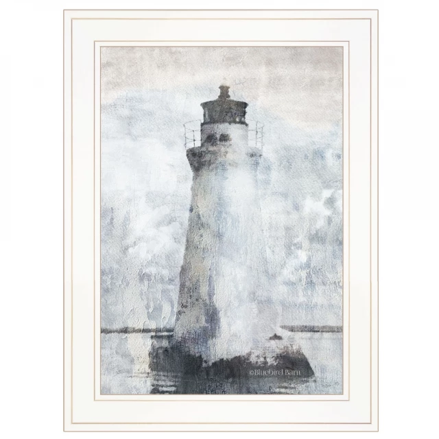 lighthouse white framed print wall art depicting a scenic coastal tower with tints and shades