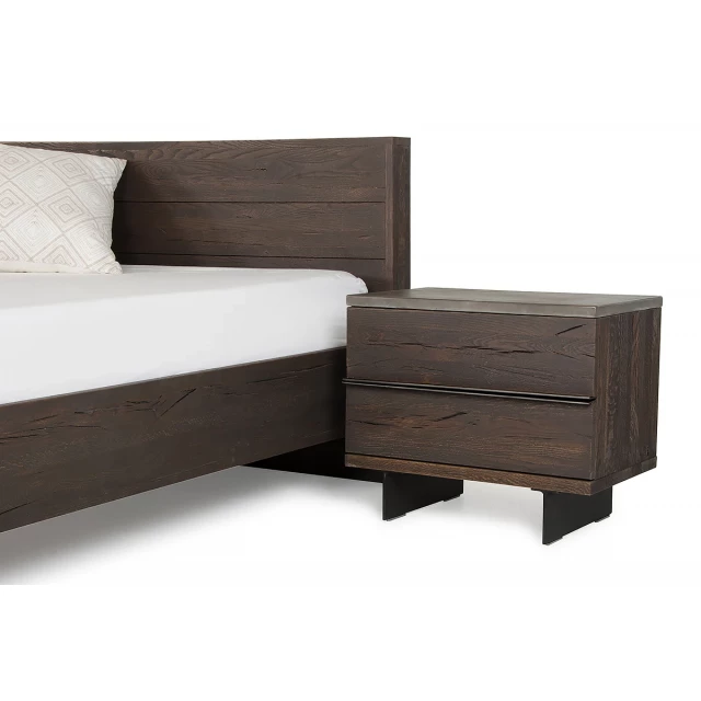 Dark aged oak wood metal nightstand with hardwood and armrest design features