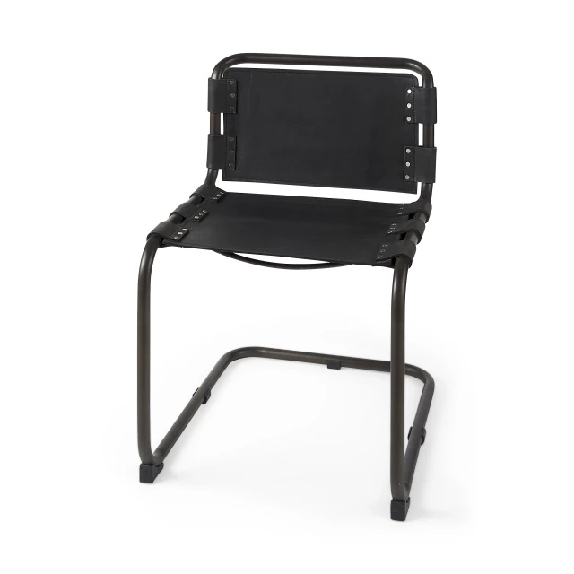 Black leather side chair with metal accents suitable for outdoor and kitchen use