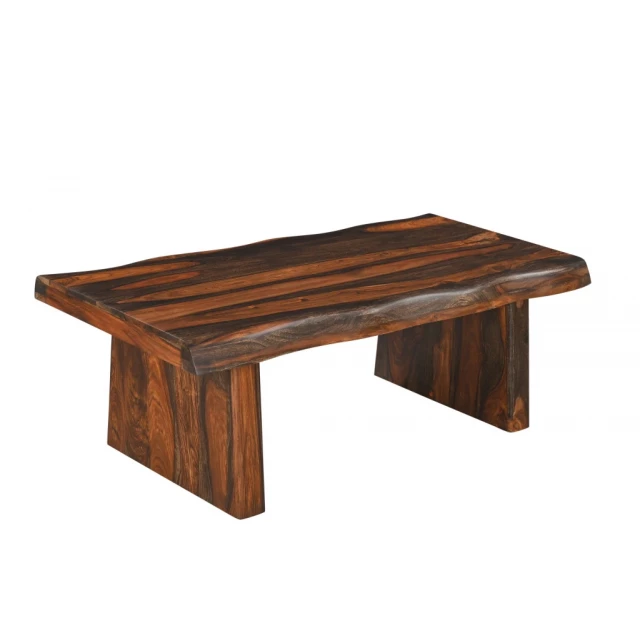Dark brown solid wood coffee table with varnish finish and plank design suitable for outdoor use