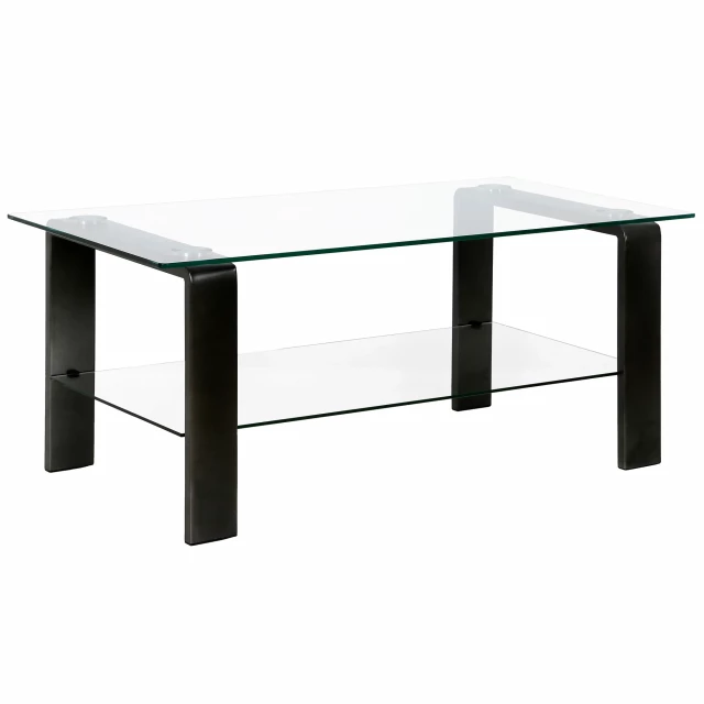 Black glass steel coffee table with shelf and modern rectangular design