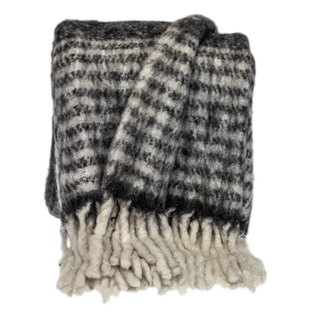 Chevron striped handloomed mohair throw blanket in grey woolen pattern
