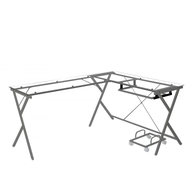 gray glass l shape computer desk with metal frame and symmetrical design