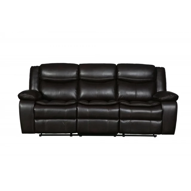 Brown black Italian leather sofa with wood accents and comfortable design