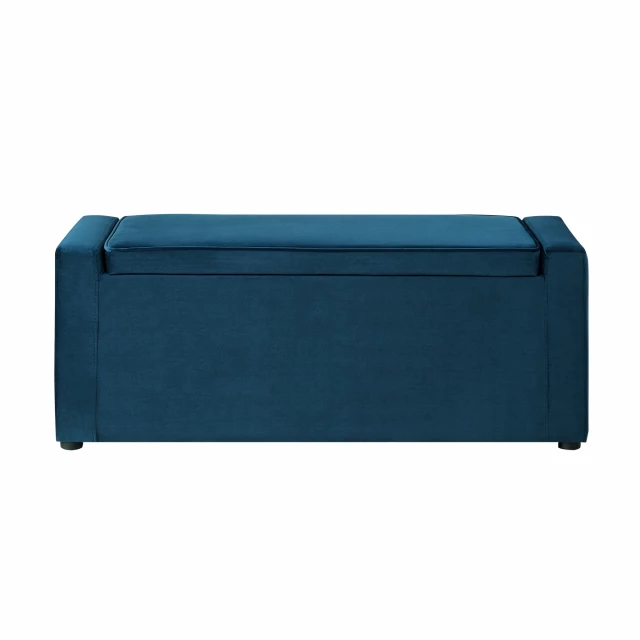 Velvet bench with flip top for shoe storage in electric blue with metal and leather accents