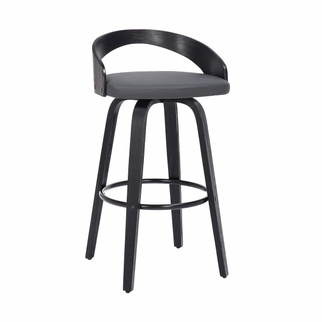 Low back counter height bar chair with wood armrests and fashion accessory detail