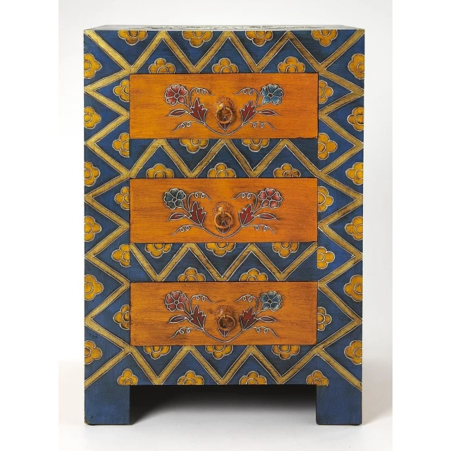 Stylish hand painted drawer accent cabinet with art pattern and electric blue details