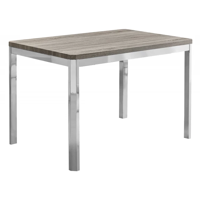 Taupe silver metal dining table with rectangle composite material and wood stain finish