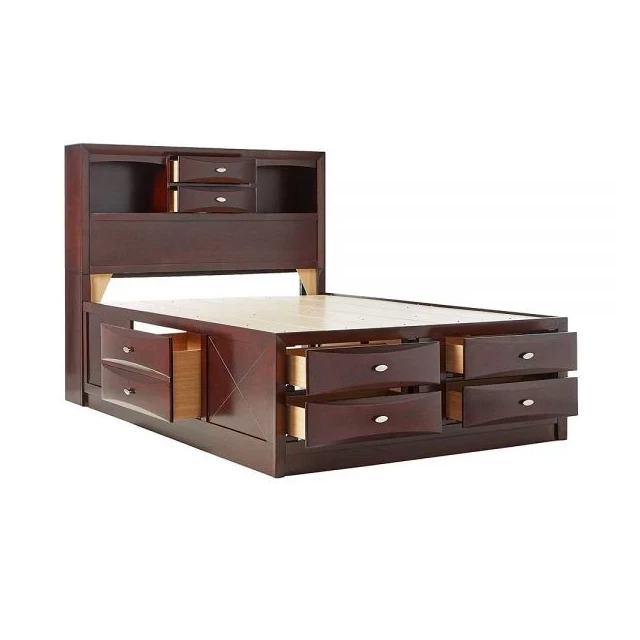 Wood platform queen bed with pull-out tray