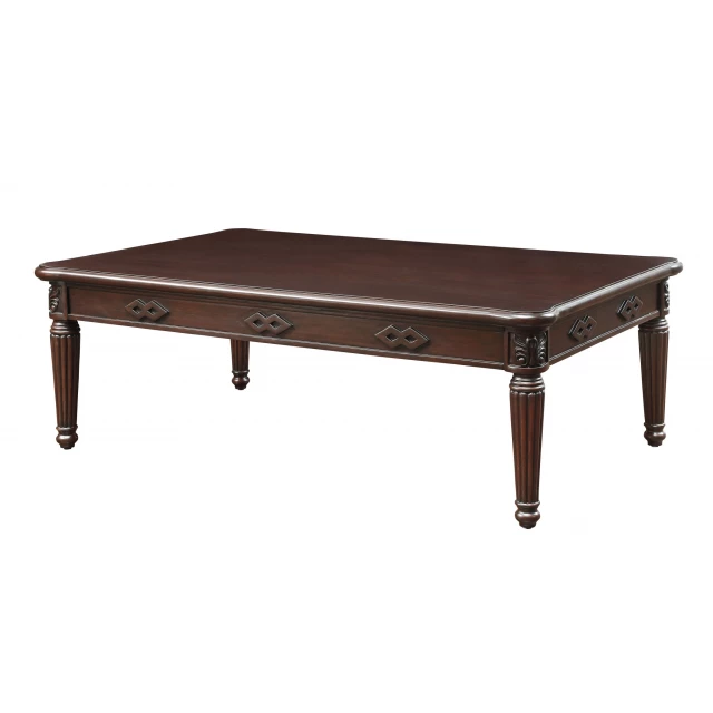 Espresso solid wood rectangular coffee table with wood stain finish in furniture setting
