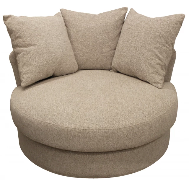 Sand linen solid swivel barrel chair in a comfortable beige furniture setting
