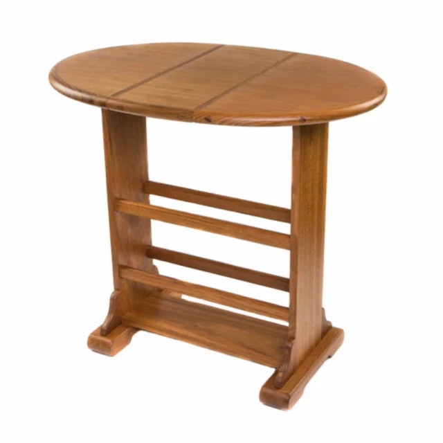 Brown solid wood oval end table with chairs and outdoor furniture setting