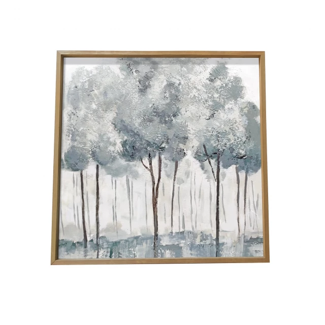 Blue gray forest canvas wall art depicting serene trees and sky