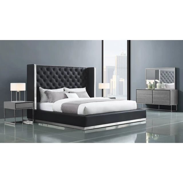 Black faux leather king-sized bed in modern bedroom setting