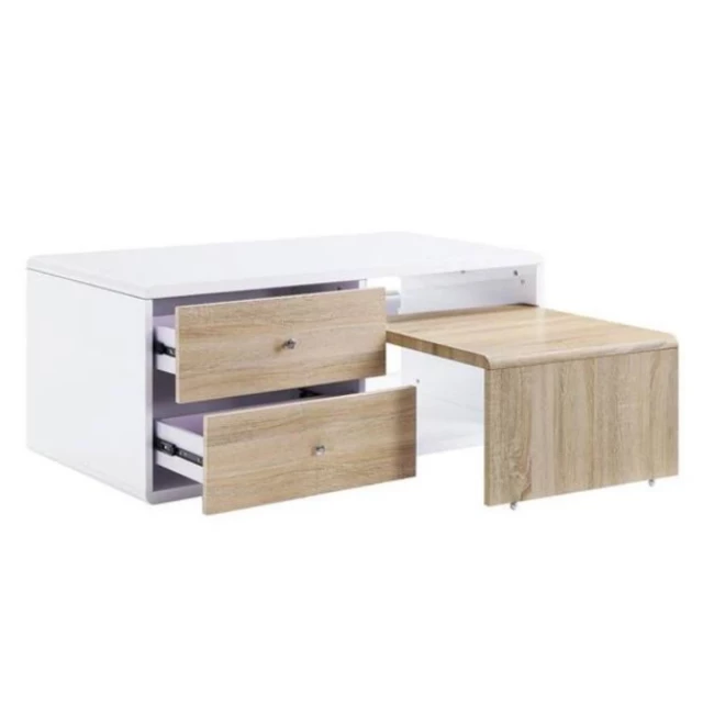 White natural coffee table with four drawers and wood shelving