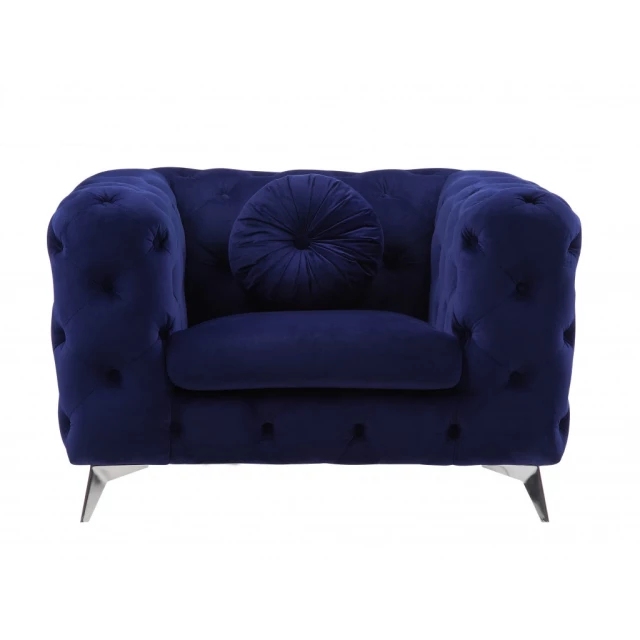 Blue fabric black tufted armchair with comfortable rectangle cushion and armrests