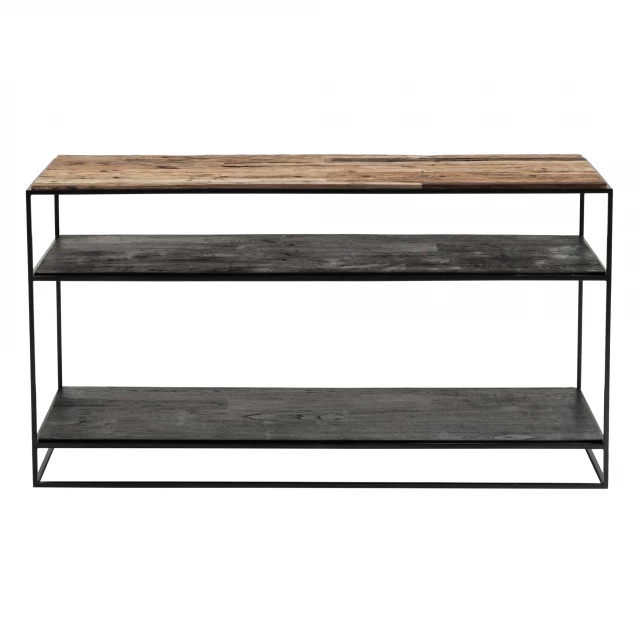 natural black frame console table storage with wood shelving