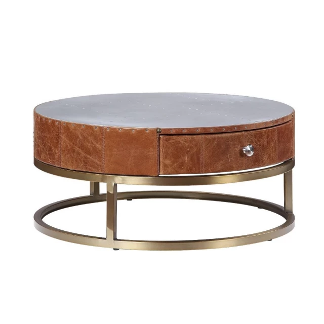 Silver aluminum round coffee table with drawer and wood stain finish