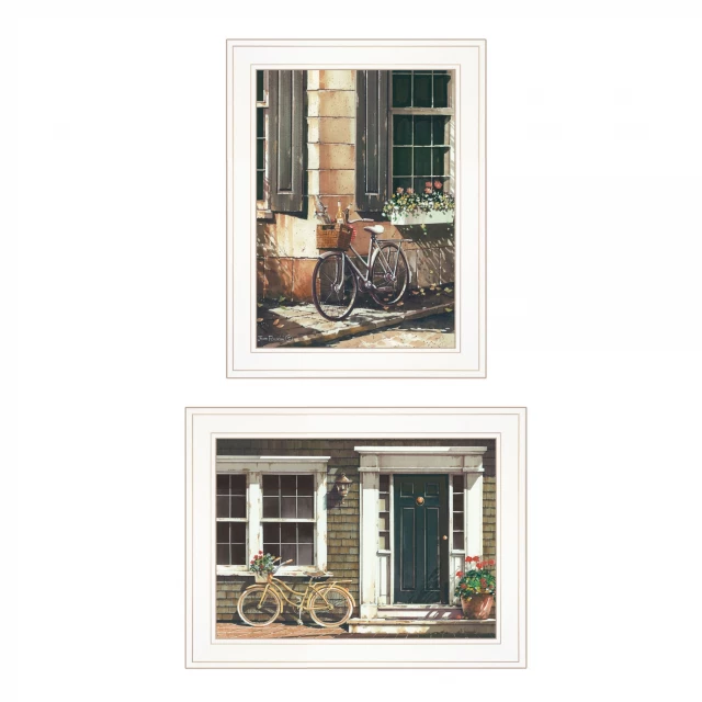 Getaway white framed print wall art featuring abstract bicycle wheel and window elements