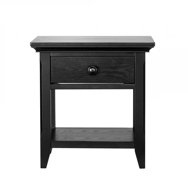 Black drawer nightstand with wood stain finish and cabinetry design in furniture category
