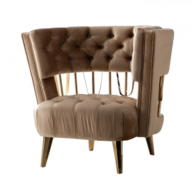 Velvet gold exposed back accent chair with brown wood and comfortable rectangle cushion