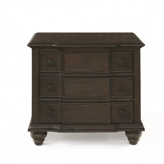 Brown solid wood nightstand with drawers and metal handles