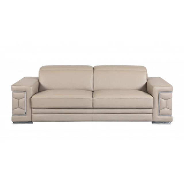 Beige silver Italian leather sofa with comfortable rectangle studio couch design and sofa bed feature